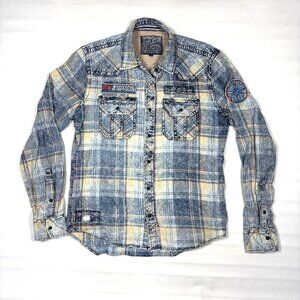 Affliction Black Premium Plaid Distressed L/S Pearl Snap Button Shirt Mens Med